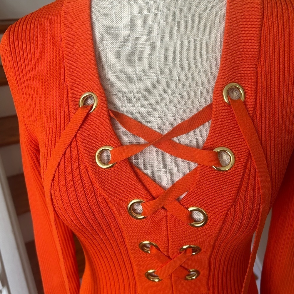 Michael Kors Lace Up Ribbed Dress XS Orange Bodycon Sweater Fall Chic Y2K Glam - Picture 4 of 7